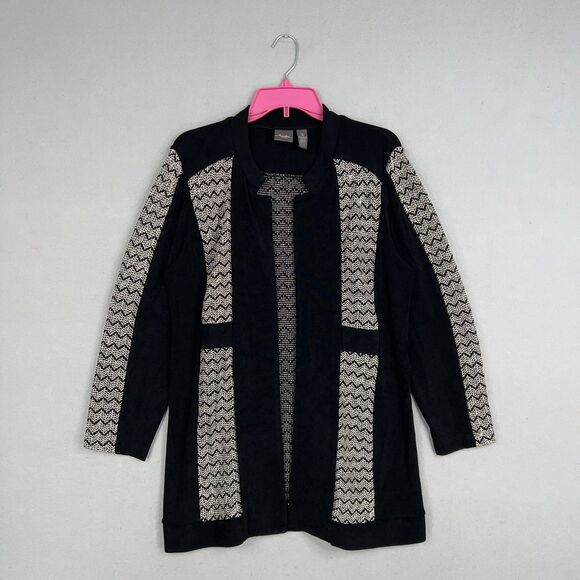 Chico's Jackets & Blazers - Chicos Travelers Jacket Womens 3 Black Metallic Chevron Open Boho Resort Evening